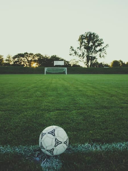 Match ball waiting in front of an empty goal at dusk